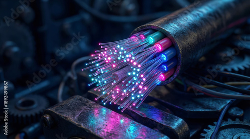 Close up of glowing pink and blue fiber optic strands protruding from a metal pipe within a complex industrial setting. The image showcases high-speed data transmission technology.