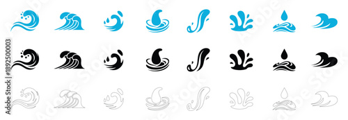 Water splash icon set, Water wave and splash silhouette, flat design, Stylized water drops, Water design elements vector collection.