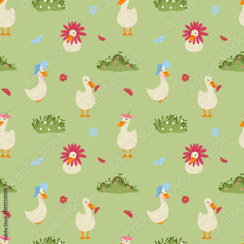 Cute geese seamless pattern. Funny goose, ducks, grass and flowers. Playful farm, cottage core. Vector hand drawn illustration for kids design, fabric, packaging, wallpaper, stationery, wrapping paper