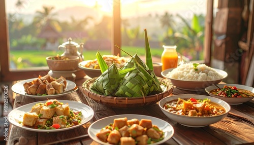 A delightful spread of traditional Eid al-Fitr food, featuring ketupat and an assortment of festive dishes set on a wooden table bathed in warm sunlight, creating a welcoming ambiance