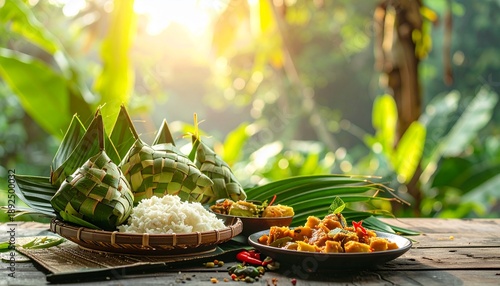 Traditional Ketupat Rice Cakes and Festive Dishes Served on a Wooden Table in a Lush Green Natural Setting, Symbolizing Southeast Asian Eid al-Fitr Celebrations