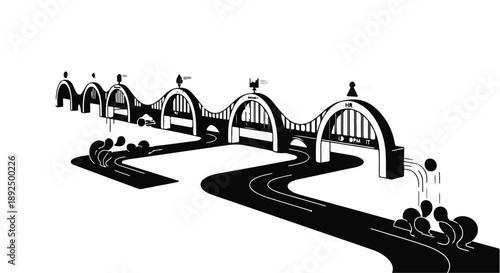 Illustration of a stylized cityscape with arched bridges and winding road