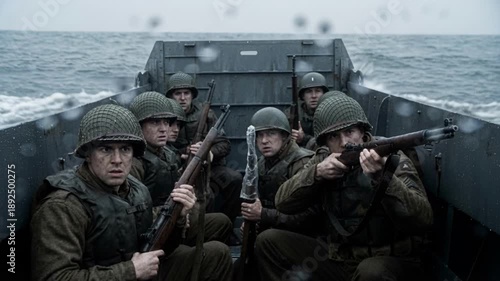 American soldiers in a landing craft during a rainy amphibious assault. WWII infantry troops in rough seas with rifles and helmets. Historical military operation concept. Gritty footage