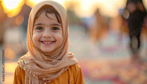 A joyful young girl in a hijab smiles warmly, her face lit by the golden hour sunlight, conveying innocence and happiness