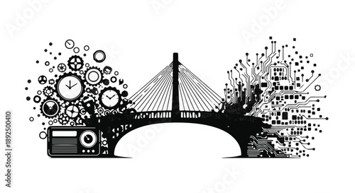 Vintage bridge with clock and radio illustration