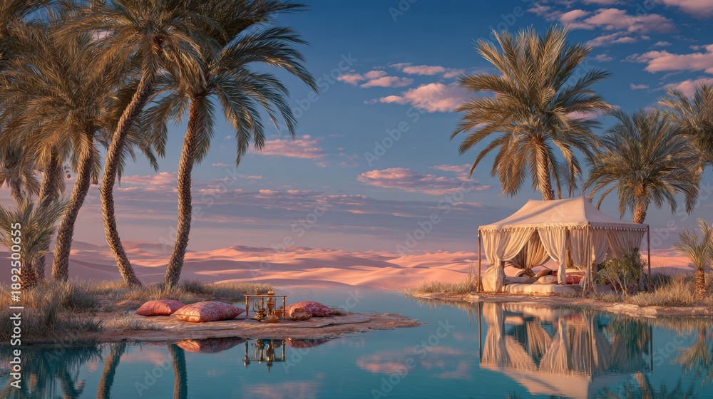 Naklejka premium Desert oasis scene with palm trees, a draped shelter by a tranquil pool, & sunset hues