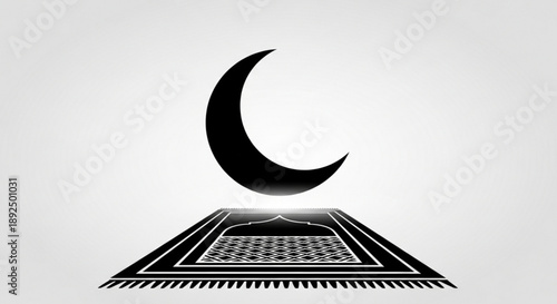 Black crescent moon symbol above islamic prayer mat on white background representing ramadan and spirituality