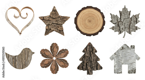 Natural wood bark craft set including heart, star, slice, leaf, bird, flower, tree, and house shapes isolated. Rustic decorative elements for scrapbooking and diy projects.