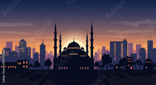 Silhouette of a mosque with minarets against a vibrant city skyline at sunset with illuminated buildings and a warm orange sky