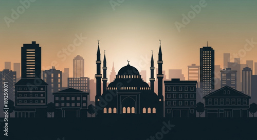 Silhouette of a mosque with minarets against a vibrant city skyline at sunset with modern skyscrapers