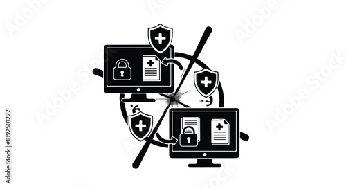 Cybersecurity concept with protected computers and shields