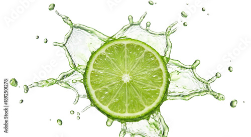 Vibrant Green Lime Slice Splashing in Refreshing Liquid, showcasing natural citrus zest and fresh flavor, isolated on transparent background.