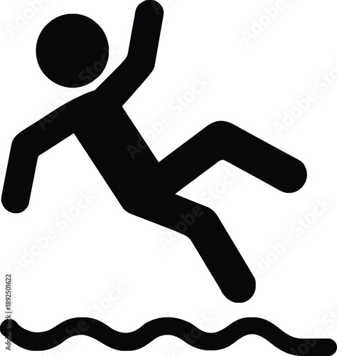 Slipping hazard icon pictogram of a person falling on a wet surface representing danger and caution for safety warnings