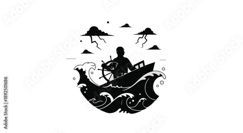 Silhouette of a person navigating a small boat through stormy seas