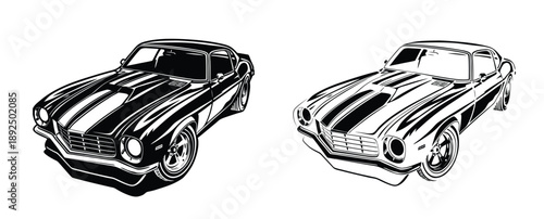 A split image showing two vintage muscle cars, one black, one outlined in black and white.
