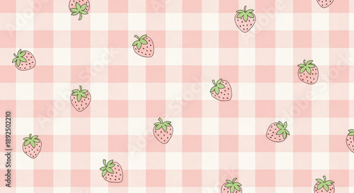 Cute pink gingham tablecloth with scattered hand-drawn strawberries, evoking a whimsical picnic mood