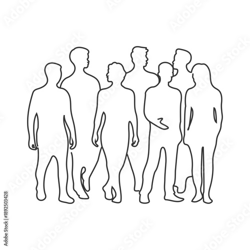 Continuous line drawing of diverse group of standing people. continuous line drawing of group of various positive diverse people standing in a row. Minimalist simple linear style. Vector outline.