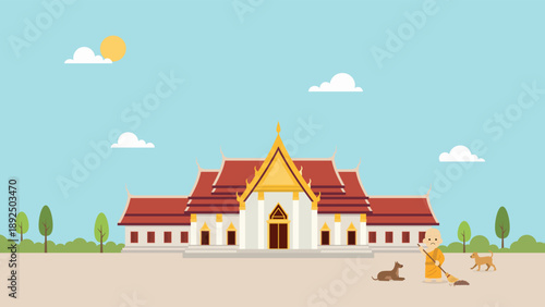 Buddhist Monk Sweeping Temple Grounds with Dogs Flat style.A young monk in orange saffron robes is shown sweeping the ground with a long broom, accompanied by two friendly brown stray dogs sitting and