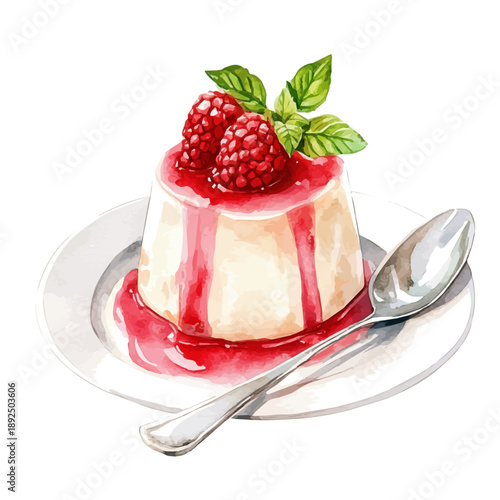 Panna Cotta, detailed watercolor clipart vector, isolated on a pure white background.