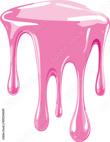 Pink ice cream melt with glossy drips and smooth texture for dessert designs or summer graphics. Liquid flows down in curved streams on white bg. Sweet decoration for packaging and advertisements.