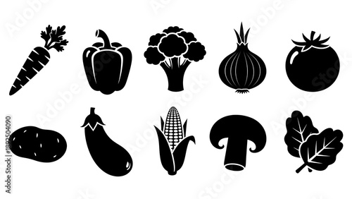 Assorted Vegetable Silhouettes on White Background.