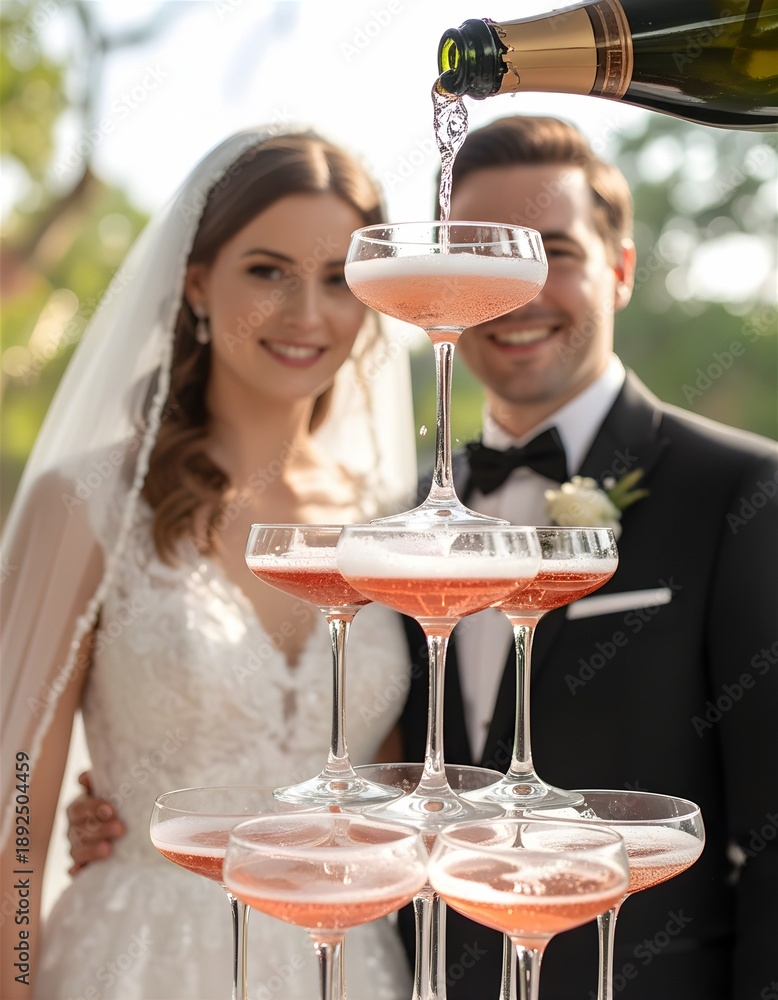 Obraz premium Strahlendes Brautpaar mit einer Champagnerpyramide . Der Champagnerturm wird befüllt. Hochzeitsmomente