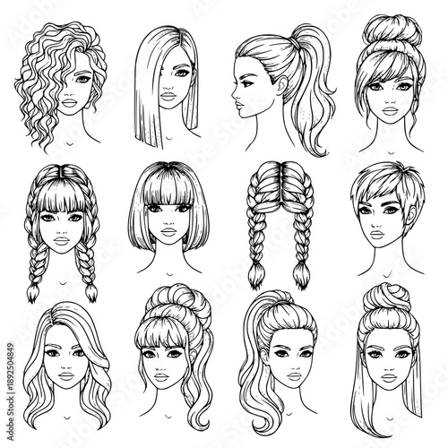 Fashion hair icon set vector for beauty salon websites and apps with female hairstyles