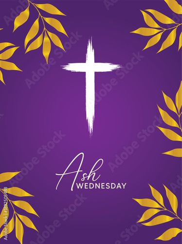 Ash Wednesday Purple Religious Background With Cross Leaves Symbolizing vector poster