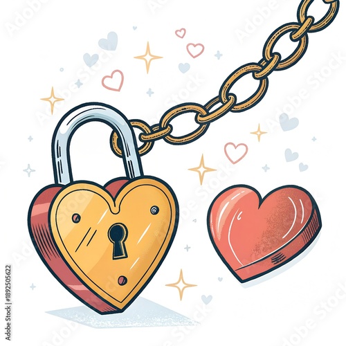 Cute Heart Padlock and Broken Heart Illustration with Chain, Love, Trust and Emotional Bond Concept in Colorful Cartoon Style on White Background.