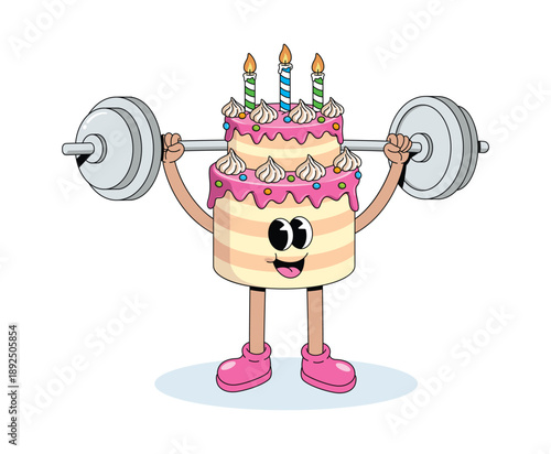 birthday cake weightlifting groovy cartoon illustration