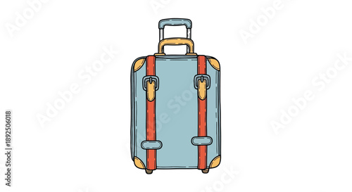 Retro travel suitcase with straps and wheels, vintage luggage illustration