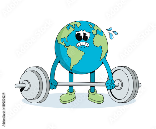 earth hard weightlifting groovy cartoon illustration