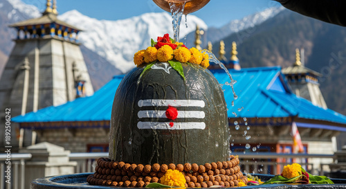 Shivling Sacred Worship at Kedarnath Mandir with Holy Water Offering in Himalayan Temple Environment Depiction for Mahashivratri Shravan Somvar Devotion Spiritual Faith Divine Blessing Hindu Culture