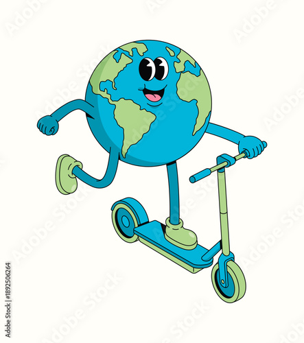 earth kick scooter groovy cartoon illustration