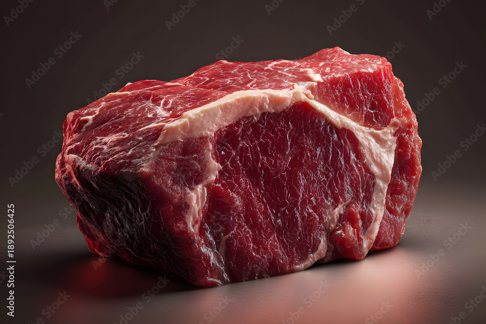 Fototapeta premium Freshly cut beef block displayed against a dark background for culinary use and presentation
