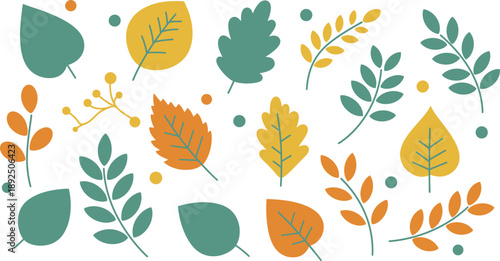 Colorful autumn leaves and foliage illustration on white background