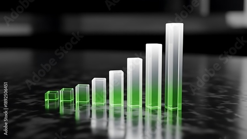 Green and white 3D bar chart on black marble surface showing growth