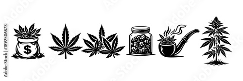 Cannabis Icons Set – Black Silhouettes of Marijuana Leaf, Bud Jar, Pipe and Plant