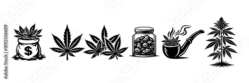 Cannabis Icons Set – Black Silhouettes of Marijuana Leaf, Bud Jar, Pipe and Plant
