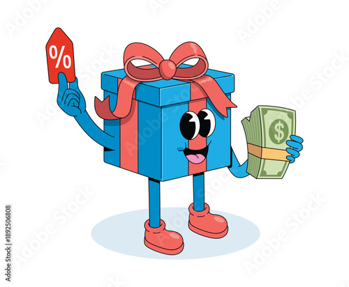 gift box discount money groovy cartoon illustration
