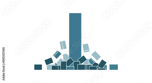 Blue bar graph with falling blocks, concept of economic decline or instability