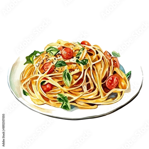 Hand-drawn watercolor artwork of Spaghetti Carbonara, vector, isolated on a white background.