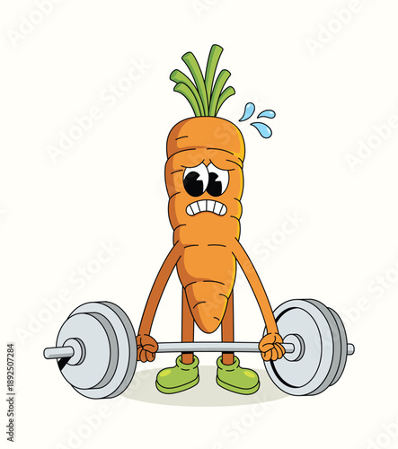 carrot hard weightlifting groovy cartoon illustration