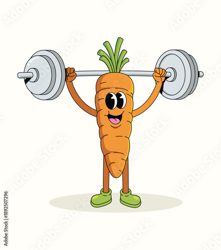 carrot weightlifting groovy cartoon illustration