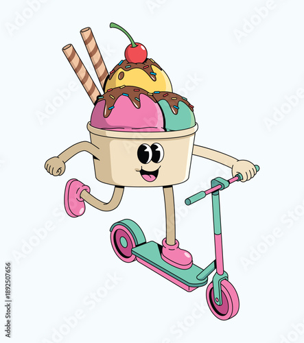 ice cream cup kick scooter groovy cartoon illustration