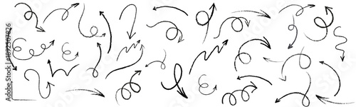 Black hand drawn arrow set with crayon texture.  Black sketchy marks on white background. vector illustration