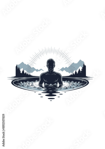 Cold Plunge Ice Bath Silhouette, Biohacking Wellness Ritual, Muscle Recovery and Mental Resilience Outdoor Health Vector Graphic