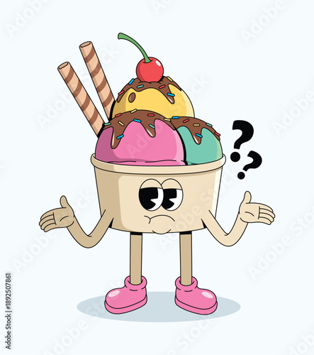 ice cream cup shrugging groovy cartoon illustration