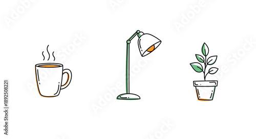 Cozy Home Office Vibes: Coffee Mug, Desk Lamp, and Potted Plant Vector Icons