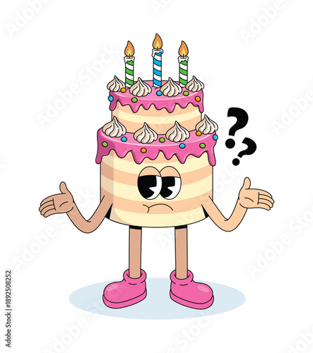 birthday cake shrugging groovy cartoon illustration